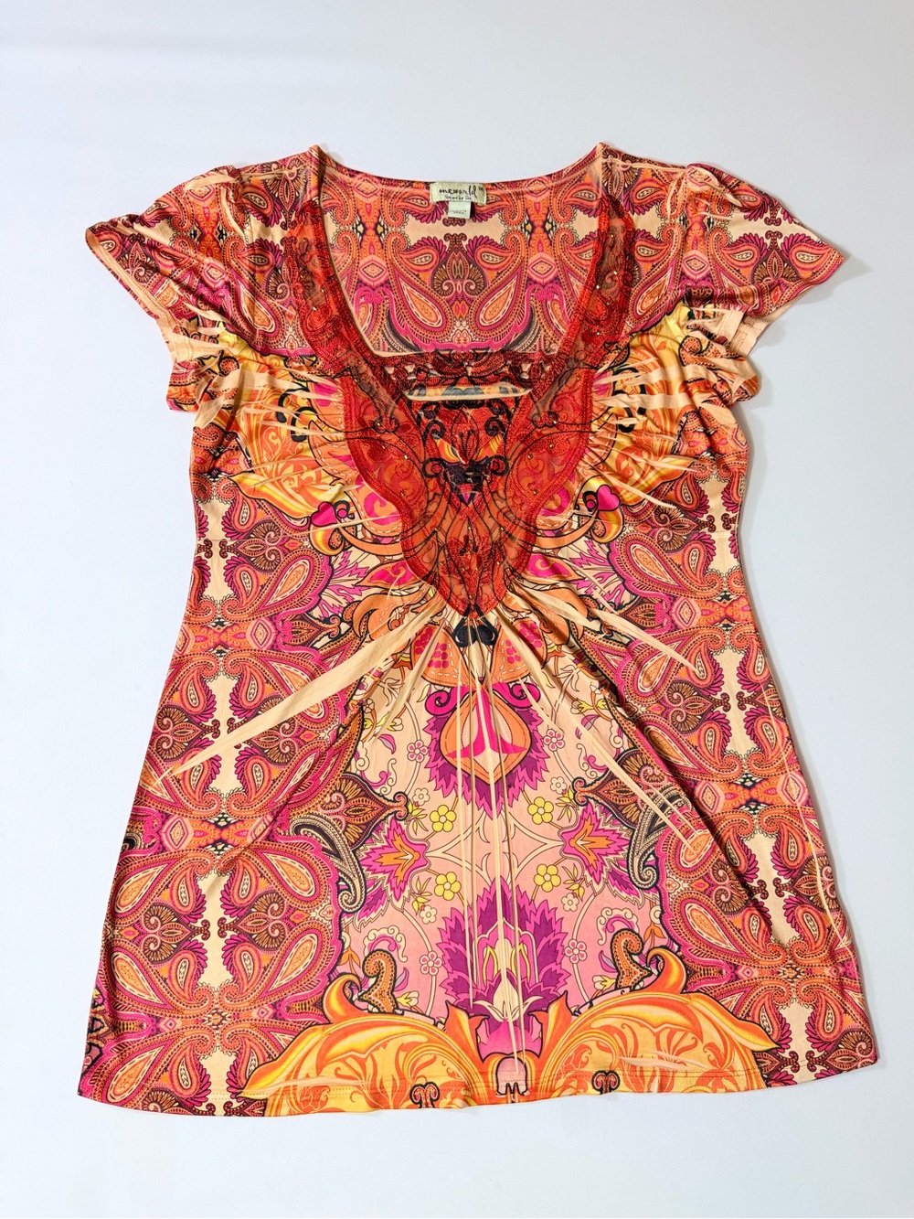 One World Y2k Top Blouse Beaded Cutout Neckline Women’s Medium Orange Pink